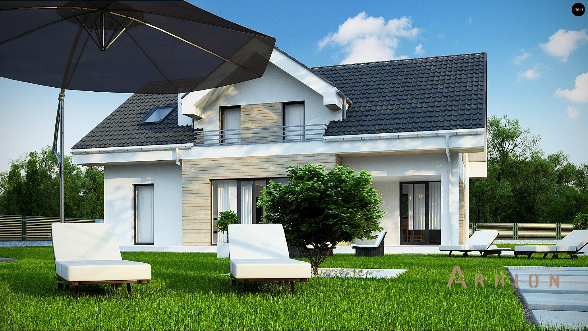 5. Проект одноэтажного дома в канадском стиле с двускатной кровлей, Z160 A, площадью - 181 кв c мансардой, терассой, балконом, эркером